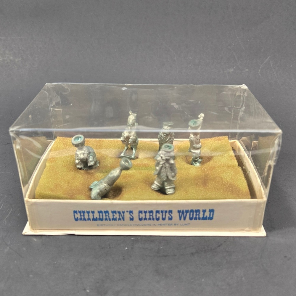 Vintage Lunt Pewter Children's Circus World Birthday Cake Candle Holders Set Box